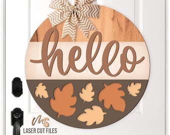 Fall Leaves Door Hanger SVG: Hello Fall Welcome Sign SVG Laser Cut Files for Glowforge/Cricut