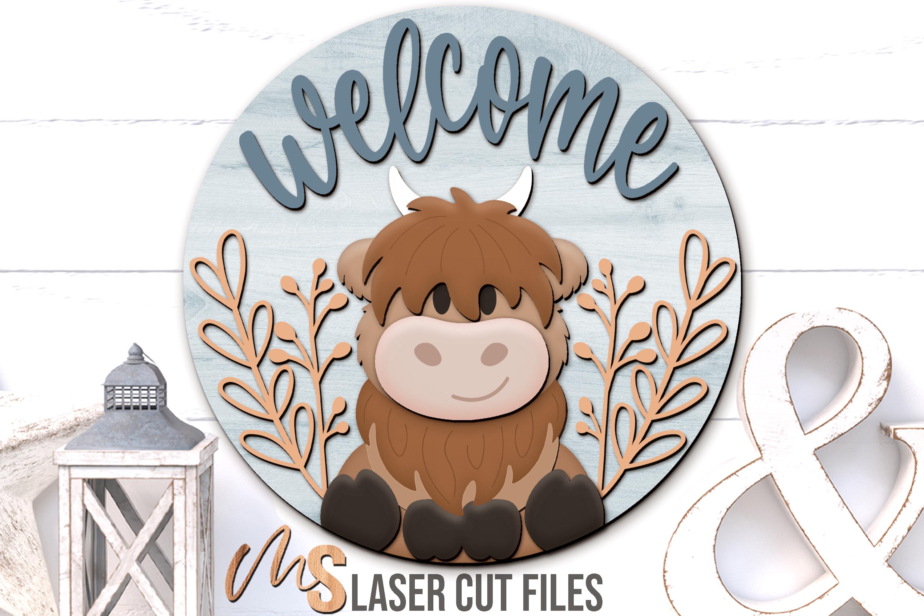 Floral Highland Cow Welcome Sign SVG: Highland Cow Door Hanger SVG