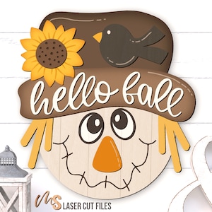 Accroche-porte épouvantail automne Bonjour Svg - panneau de bienvenue automne Svg - Svg épouvantail - panneau de porte automne tournesol - fichiers découpés au laser - fichiers Glowforge