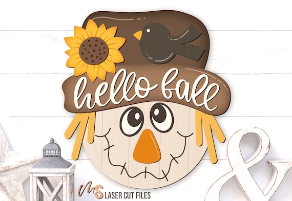 Hello Fall Scarecrow Door Hanger Svg - Fall Welcome Sign Svg - Scarecrow Svg - Sunflower Fall Door Sign - Laser Cut Files - Glowforge Files