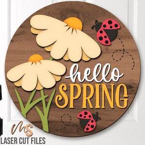 Daisy Spring Door Hanger Svg - Hello Spring Welcome Sign Svg - Coccinella Svg - File di taglio laser primaverile - Cartello porta primaverile - Glowforge Cricut
