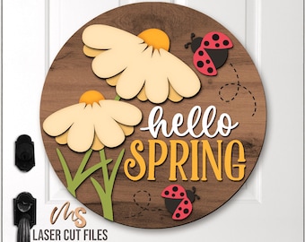 Daisy Spring Door Hanger Svg - Hello Spring Welcome Sign Svg - Ladybug Svg - Spring Laser Cut Files - Spring Door Sign - Glowforge Cricut