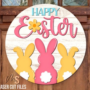 Cartello di benvenuto di Pasqua felice SVG - Appendino per porta di Pasqua SVG - Coniglietto pasquale SVG - File tagliati al laser - Cartello per porta di primavera di Pasqua - Glowforge Cricut