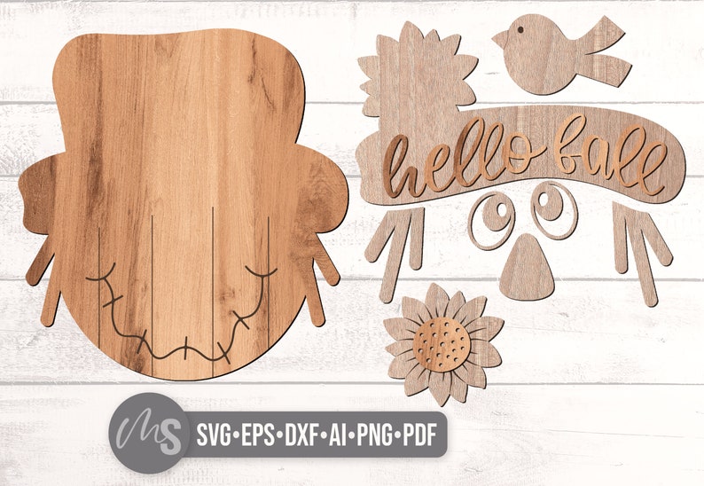 Hello Fall Scarecrow Door Hanger Svg - Fall Welcome Sign Svg - Scarecrow Svg - Sunflower Fall Door Sign - Laser Cut Files - Glowforge Files image 5