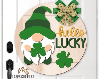 St Patrick's Day Gnome Door Hanger SVG - Hello Lucky Svg - St Patrick's Day Gnome Svg Laser Files - Welcome Sign - Clover Svg - Glowforge