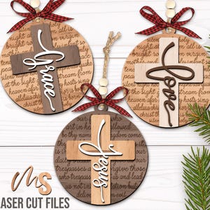 An SVG Laser Cut Files bundle of a set of 8 Religious Cross Ornaments with both outlined and non outlined versions, engravings for both 'Our Father Who Art In Heaven' and 'Silent Night Holy Night', and layered on words with 8 options including Jesus, Faith, Love, Hope, Grace, Bless, Believe, and Prayer. Mix and match your favorites to make beautiful Christian Christmas Ornaments, Cross Ornaments, Religious Car Charm accessories, and other faith themed Christmas Decorations!