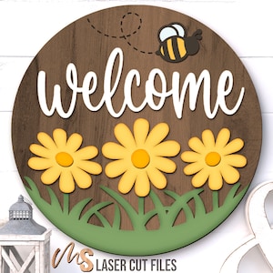 Floral Daisy Welcome Sign SVG - Daisy Flowers Door Hanger Svg - Daisy Svg - Laser Cut Files - Bee Svg - Spring Door Sign - Glowforge Cricut