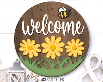 Floral Daisy Welcome Sign SVG: Daisy Flowers Door Hanger Laser Cut Files Glowforge/Cricut