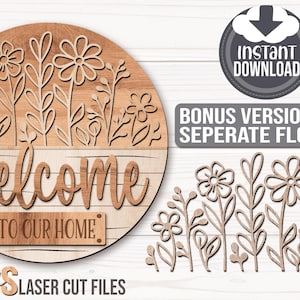 SVG Laser Cut Files for a round wood Floral Welcome Sign featuring a row of flowers filling the top half of the sign with a bottom panel that looks like a wood crate with the greeting Welcome To Our Home in decorative fonts. Make DIY Wildflower Door Hangers, Front Door Decor and Floral Porch Door Signs for spring and summer decor!