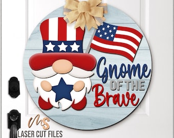 American Flag 4th Of July Gnome Sign Svg - 4th Of July Gnome Door Hanger SVG - Laser Cut Files - 4th Of July Door Sign - Glowforge Cricut