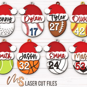 SVG Laser Cut Files for a bundle of 8 Custom Sports Ornaments including a Softball, Baseball, Golf Ball, Football, Soccer Ball, Tennis Ball, Basketball, and Volleyball all wearing a Santa Hat with a space on the brim of the hat for adding your own custom name or text, as well as your own custom jersey numbers! Create fun Sports themed Christmas Ornaments, Custom Christmas Gift Tags, Car Charm Accessories, and other Christmas Decorations!