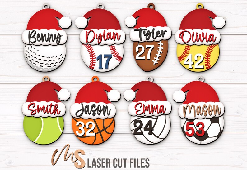 SVG Laser Cut Files for a bundle of 8 Custom Sports Ornaments including a Softball, Baseball, Golf Ball, Football, Soccer Ball, Tennis Ball, Basketball, and Volleyball all wearing a Santa Hat with a space on the brim of the hat for adding your own custom name or text, as well as your own custom jersey numbers! Create fun Sports themed Christmas Ornaments, Custom Christmas Gift Tags, Car Charm Accessories, and other Christmas Decorations!