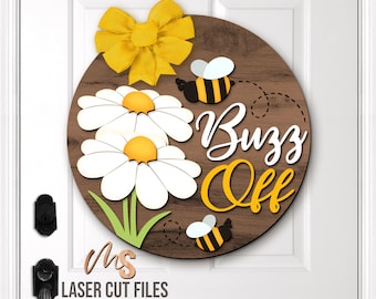 Buzz Off Daisy Bee Door Hanger SVG: Summer Welcome Sign Laser Cut Files Cricut