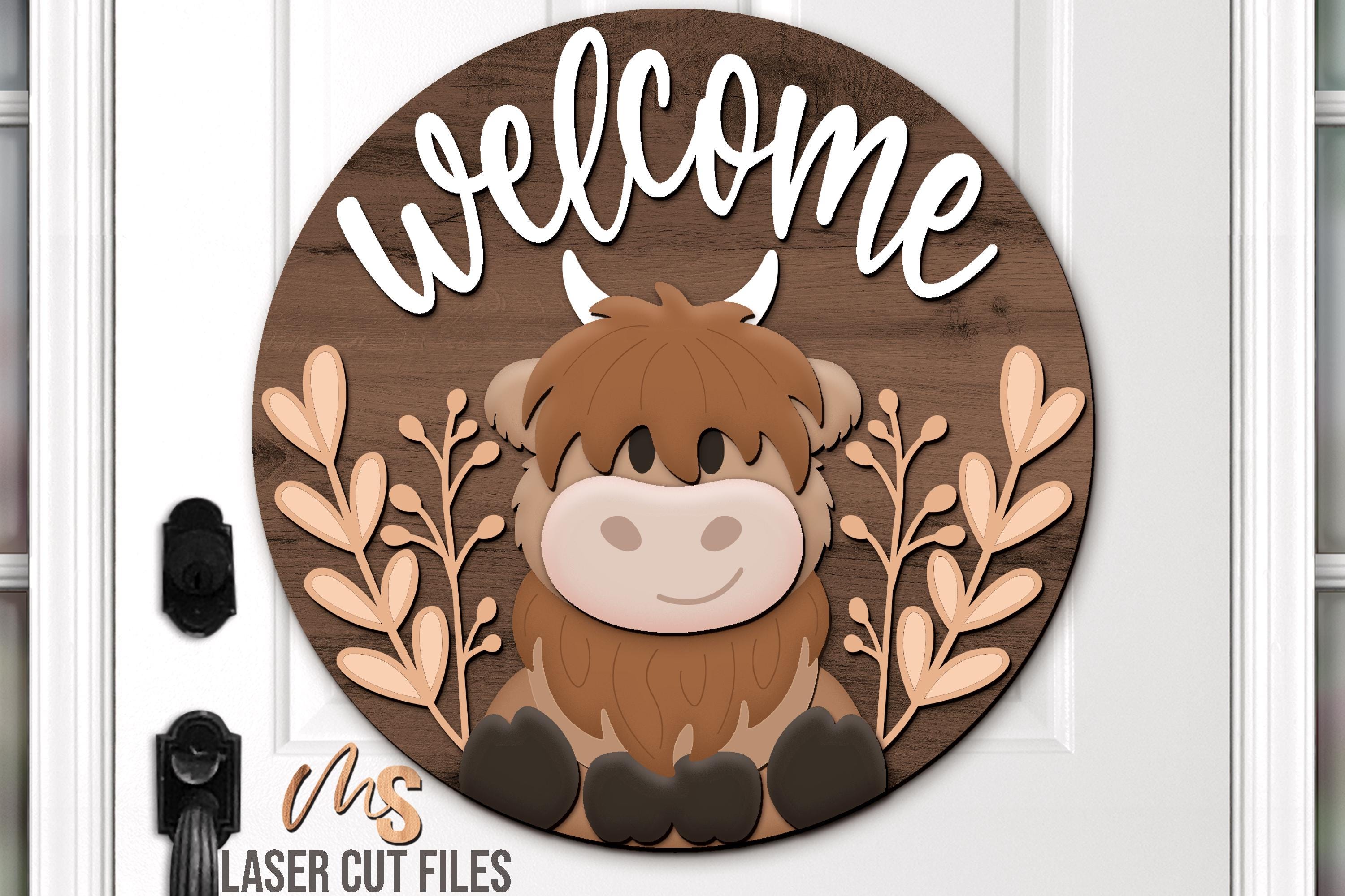 サンダー Floral Highland Cow Welcome Sign SVG: Highland Cow Door Hanger SVG