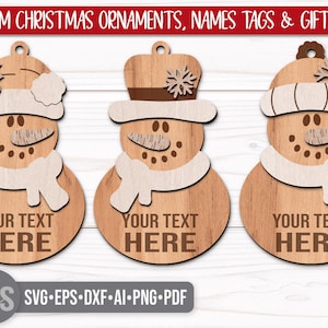 SVG Laser Cut Files for a bundle of three cute Snowman Ornaments wearing a santa hat, snowman hat, and winter beanie cap with scarfs, snowflakes, and an open space to add your own custom text and names. Perfect for making custom Christmas Ornaments, Christmas Gift Tags and Name Tags for the holidays!