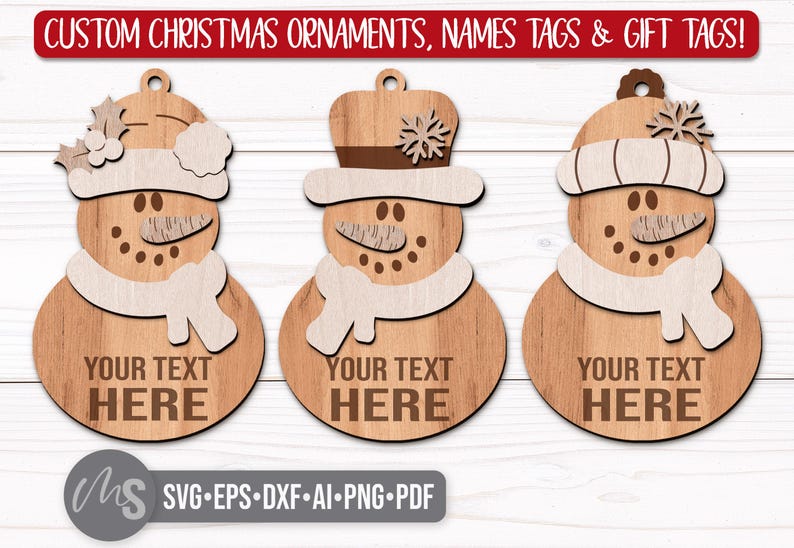 SVG Laser Cut Files for a bundle of three cute Snowman Ornaments wearing a santa hat, snowman hat, and winter beanie cap with scarfs, snowflakes, and an open space to add your own custom text and names. Perfect for making custom Christmas Ornaments, Christmas Gift Tags and Name Tags for the holidays!