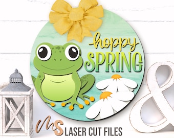 Hoppy Spring Frog Sign SVG: Floral Spring Door Hanger Laser Cut Files Glowforge/Cricut