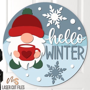 Hallo Winter-Türhänger SVG - Gnom-Svg - Winter-Willkommen-Schild-Svg - Laser-Schnitt-Dateien - Weihnachtswichtel-Schild-Svg - Glowforge-Dateien - Cricut