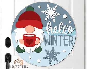 Hello Winter Door Hanger SVG - Gnome Svg - Winter Welcome Sign Svg - Laser Cut Files - Christmas Gnome Sign Svg - Glowforge Files - Cricut