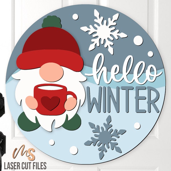 Hello Winter Door Hanger SVG - Gnome Svg - Winter Welcome Sign Svg - Laser Cut Files - Christmas Gnome Sign Svg - Glowforge Files - Cricut