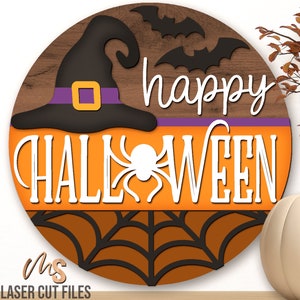 Halloween Door Hanger Svg - Happy Halloween Sign Svg - Witch Hat Svg - Laser Cut Files - Halloween Door Sign - Glowforge Files - Halloween Welcome Sign Svg - Halloween Porch Sign - Halloween Decor - Witch Svg - Spider Web Svg - Front Door Decor