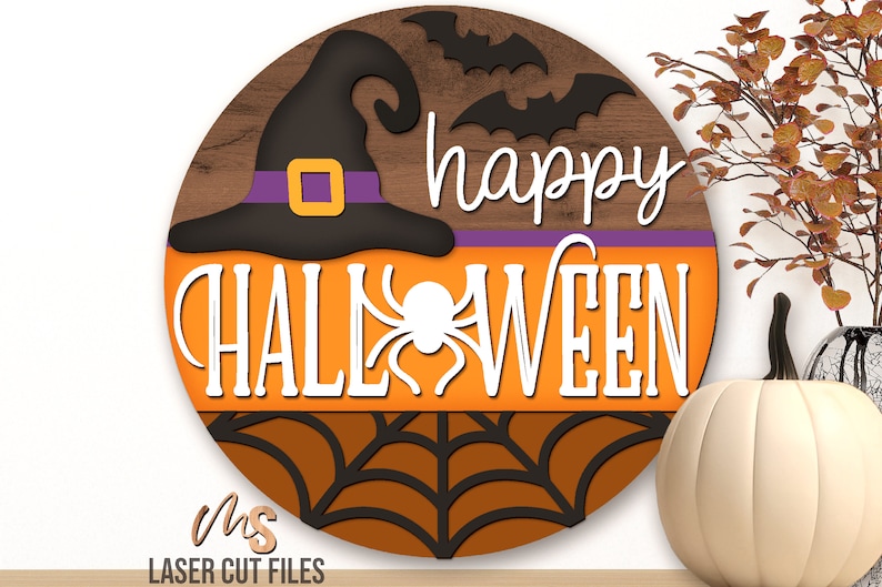 Halloween Door Hanger Svg - Happy Halloween Sign Svg - Witch Hat Svg - Laser Cut Files - Halloween Door Sign - Glowforge Files - Halloween Welcome Sign Svg - Halloween Porch Sign - Halloween Decor - Witch Svg - Spider Web Svg - Front Door Decor