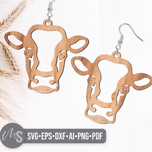 SVG Laser Cut Files for a pair of Cow Earrings. A cute cow head earring template perfect for making wood and acrylic farm animal and country earrings!