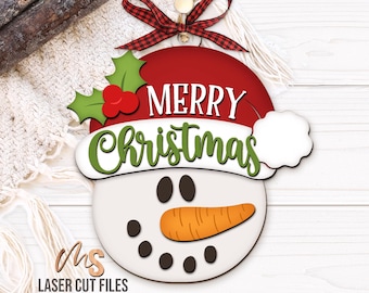 Snowman Merry Christmas Ornament SVG - Snowman Ornament Svg - Snowman Svg - Laser Cut Files - Christmas Decorations - Glowforge Cricut