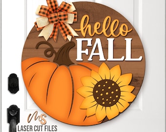 Hello Fall Sign Svg - Fall Door Hanger SVG - Pumpkin Svg - Sunflower Svg - Laser Cut Files - Fall Door Sign - Fall Decor - Glowforge Cricut