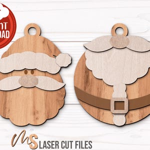 SVG Laser Cut Files for a bundle of Christmas Ornaments featuring Santa Claus and his Reindeer. The bundle includes two different views of each character, one focusing on a close up and one of the full Santa and Reindeer. Each Reindeers nose can be painted red to look like Rudolph! Perfect for making Christmas Ornaments, Santa Ornaments, Reindeer Ornaments, Christmas Decorations and Decor!