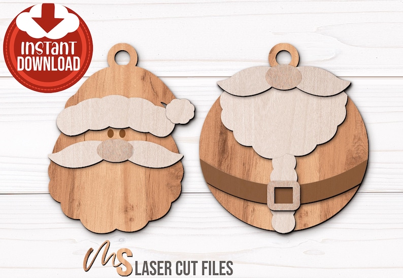 SVG Laser Cut Files for a bundle of Christmas Ornaments featuring Santa Claus and his Reindeer. The bundle includes two different views of each character, one focusing on a close up and one of the full Santa and Reindeer. Each Reindeers nose can be painted red to look like Rudolph! Perfect for making Christmas Ornaments, Santa Ornaments, Reindeer Ornaments, Christmas Decorations and Decor!