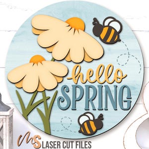 Daisy Hello Spring Door Hanger Svg - Spring Welcome Sign Svg - Honey Bee Svg - Laser Cut Files - Floral Spring Door Sign - Glowforge Cricut
