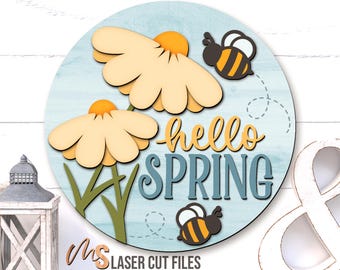 Daisy Hello Spring Door Hanger Svg - Spring Welcome Sign Svg - Honey Bee Svg - Laser Cut Files - Floral Spring Door Sign - Glowforge Cricut