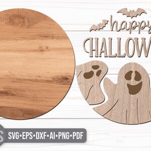SVG files for a round wood Halloween Sign with three spooky ghosts peaking up from the bottom with the phrase Happy Halloween in decorative fonts and bats flying overhead. Perfect for making spooky Halloween Door Hangers, Ghost Signs, and Halloween decor this fall season!