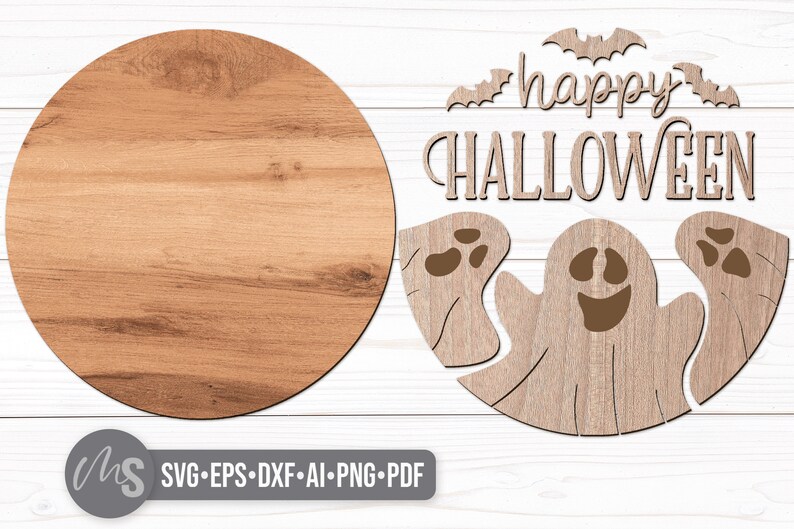 SVG files for a round wood Halloween Sign with three spooky ghosts peaking up from the bottom with the phrase Happy Halloween in decorative fonts and bats flying overhead. Perfect for making spooky Halloween Door Hangers, Ghost Signs, and Halloween decor this fall season!