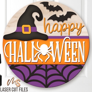 Halloween Door Hanger Svg - Happy Halloween Sign Svg - Witch Hat Svg - Laser Cut Files - Halloween Door Sign - Glowforge Files - Halloween Welcome Sign Svg - Halloween Porch Sign - Halloween Decor - Witch Svg - Spider Web Svg - Front Door Decor