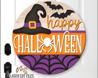 Colgador de puerta de Halloween SVG - Letrero de Feliz Halloween SVG - Sombrero de bruja SVG - Archivos cortados con láser - Letrero de puerta de Halloween - Glowforge Cricut
