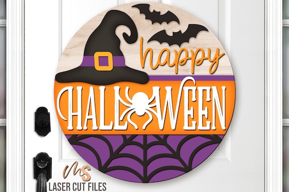 Halloween Door Hanger Svg - Happy Halloween Sign Svg - Witch Hat Svg - Laser Cut Files - Halloween Door Sign - Glowforge Cricut