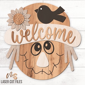 Scarecrow Fall Welcome Sign Svg - Fall Door Hanger Svg - Scarecrow Svg - Sunflower Fall Door Sign - Laser Cut Files - Glowforge Files - Fall Decor - Fall Svg - Fall Signs - Thanksgiving Svg - Scarecrow Door Hanger - Fall Wood Sign