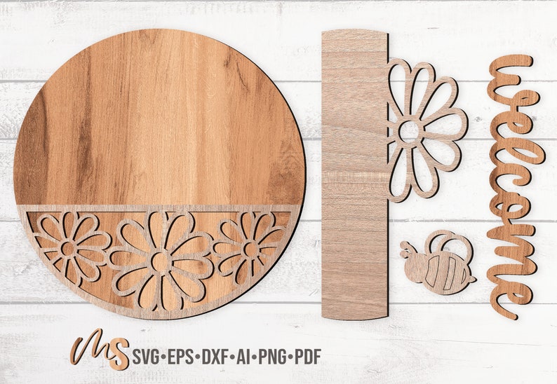 Daisy Bee Welcome Sign SVG - Floral Spring Door Hanger Svg Laser Cut ...