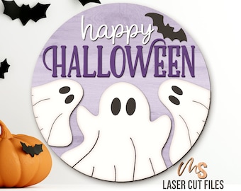 Happy Halloween Sign Svg - Halloween Ghost Door Hanger Svg - Ghost Svg - Laser Cut Files - Halloween Round Door Sign - Glowforge Cricut