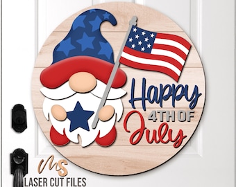 Happy 4th Of July Gnome Door Hanger Svg - Patriotic Gnome Welcome Sign Svg - Laser Cut Files - 4th Of July Door Sign Svg - Glowforge Cricut