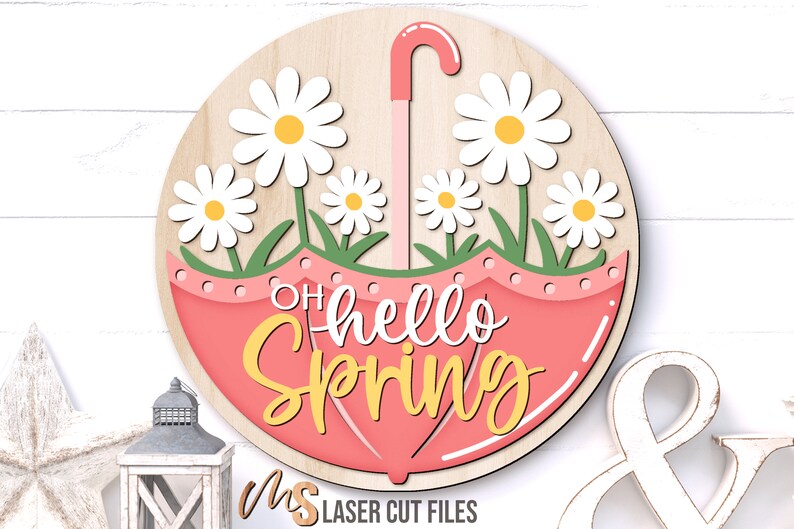 Daisy Hello Spring Door Hanger Svg - Floral Umbrella Welcome Sign Svg ...