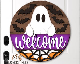 Placa de boas-vindas fantasma de Halloween em SVG: Arquivos de corte a laser para placa de porta fantasma compatível com Glowforge/Cricut.