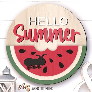 Bonjour l&#39;été - Svg d&#39;accroche-porte d&#39;été - Svg de pastèque - panneau de bienvenue d&#39;été - fichiers découpés au laser - décoration de porte d&#39;entrée - fichiers Glowforge