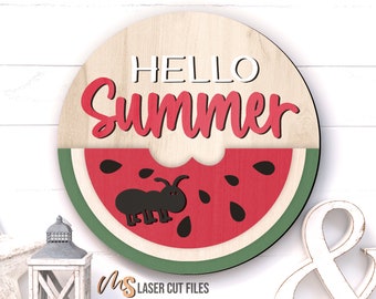 May include: A round wooden sign with the text "HELLO Summer" in red and white lettering. The sign is decorated with a red watermelon slice with black seeds and a black ant.