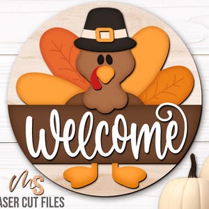 Znak powitalny z indykiem na Święto Dziękczynienia SVG: Pliki wycinane laserowo na wieszak na drzwi na Święto Dziękczynienia dla Glowforge/Cricut