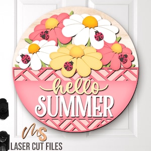 花柄てんとう虫サマードアハンガーSVG：ハローサマーウェルカムサインレーザーカットファイルCricut