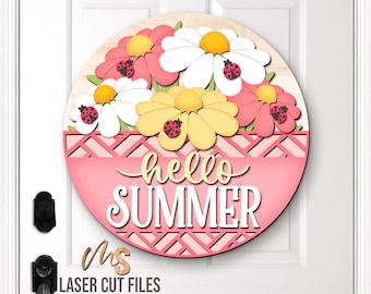 Floral Ladybug Summer Door Hanger SVG: Hello Summer Welcome Sign Laser Cut Files Cricut