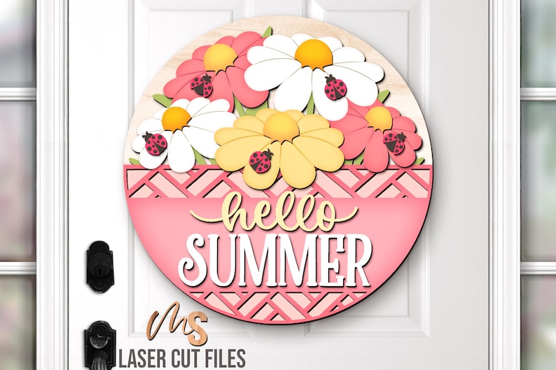 Floral Ladybug Summer Door Hanger SVG: Hello Summer Welcome Sign Laser ...
